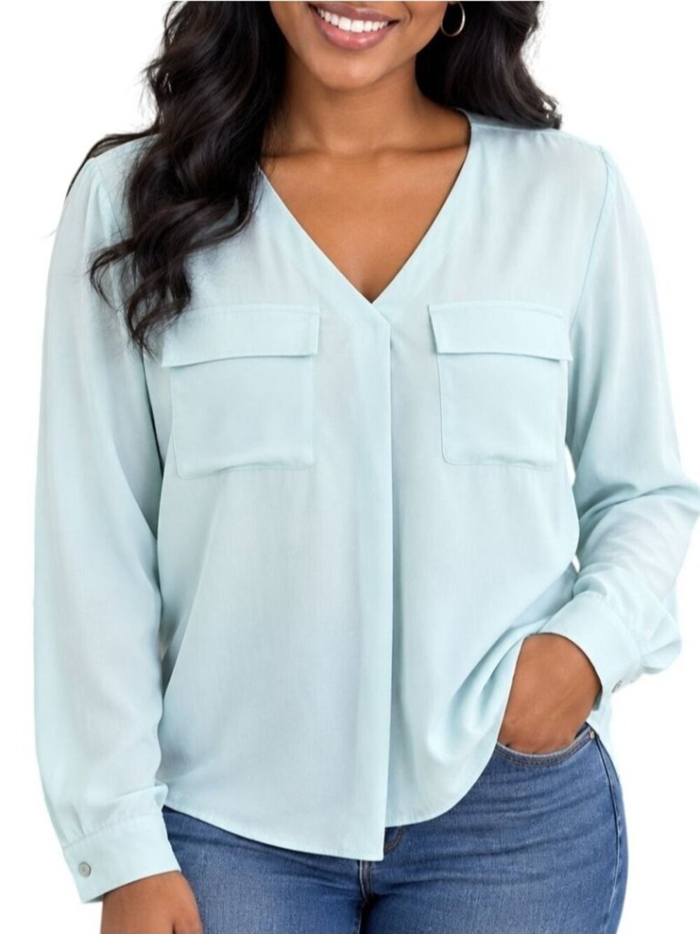 Forever 21 Size Medium Top Light Blue Long Sleeve V-Neck Button Cuffs Chic